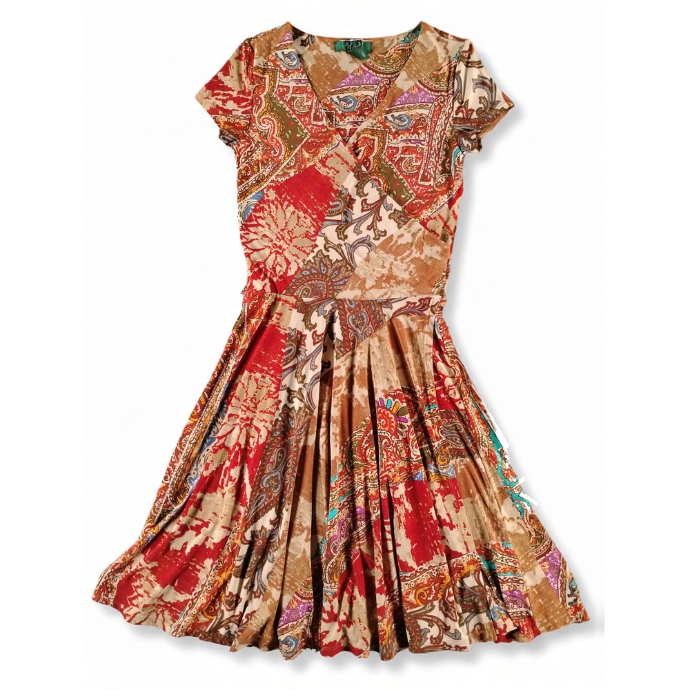 Lauren Ralph Lauren Petite Paisley Dress PXS Womens V Neck Cap Sleeve Midi Fit